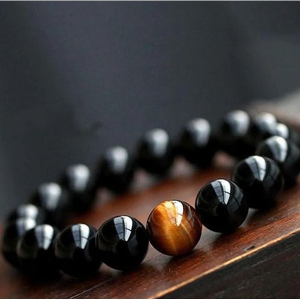 10mm Black Onyx Energy Tiger Eye Accent Stretch Bracelet - Picture 2 of 11